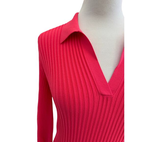 Helmut Lang Hot Pink Ribbed Knit Collared Mini Dress M Long Sleeve Bodycon Sexy - Picture 7 of 9